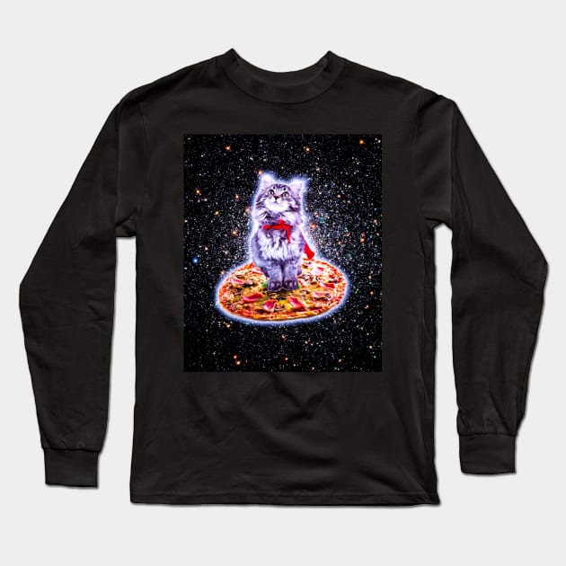 Galaxy Kitty Cat Riding Pizza In Space Long Sleeve T-Shirt by Random Galaxy